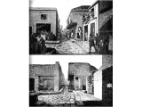 The house of the balcony and a typical street scene of Ancient Pompeii. Bottom: the excavated street in an early photograph. Top: The reconstructed scene.